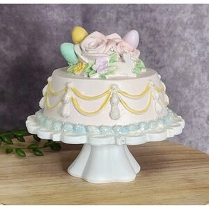 Pastel Easter Faux Mini Cake Figurine Eggs Rabbit Tabletop Decor 5" Pedestal NEW